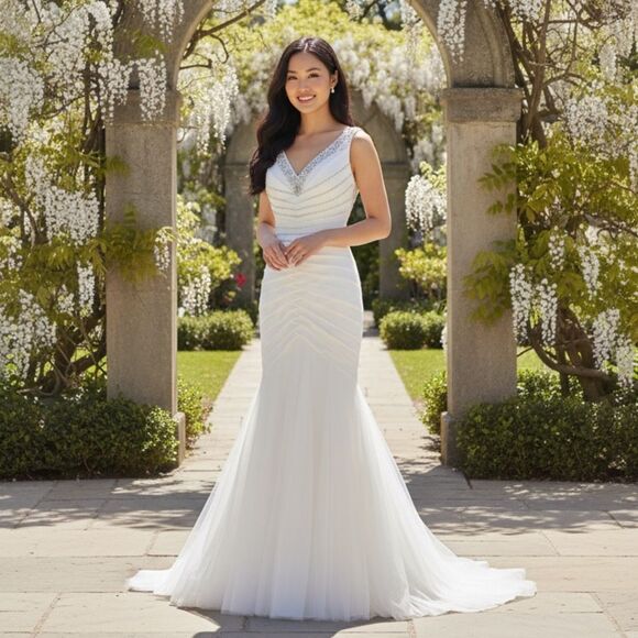 Gorgeous White Wedding Dress Mermaid Formal Gown Sleeveless V-Neck Fit and Flare - Picture 1 of 11